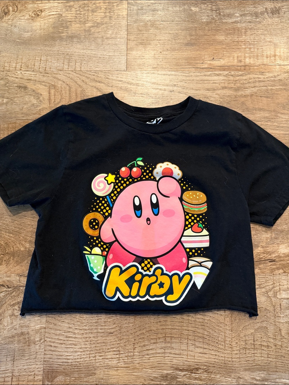 Kirby Kids Black Crop Tee with Pink Character Graphic